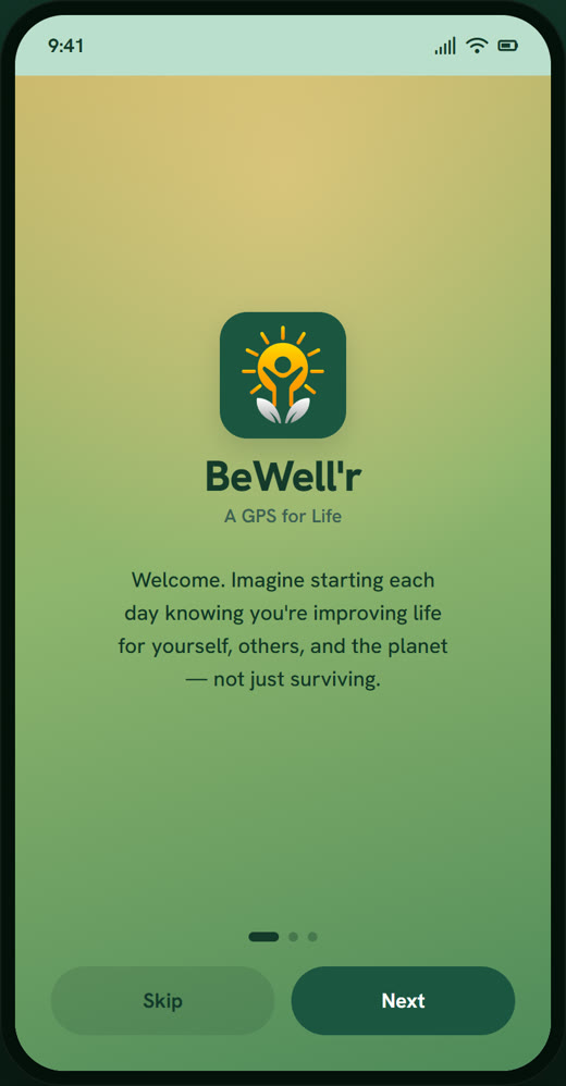 BeWell'r app welcome screen: the logo and the words 'A GPS for Life'