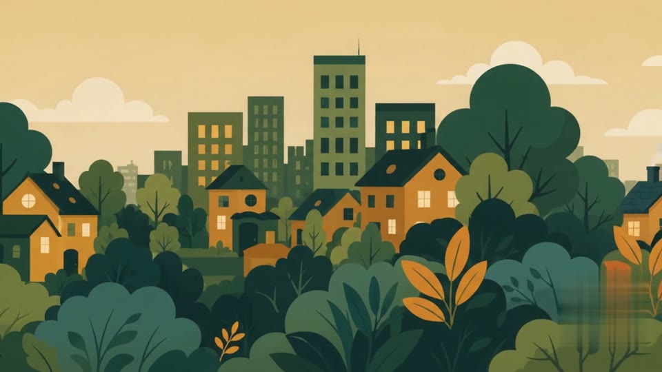 Illustration from the BeWell'r film: a town of homes and buildings among trees