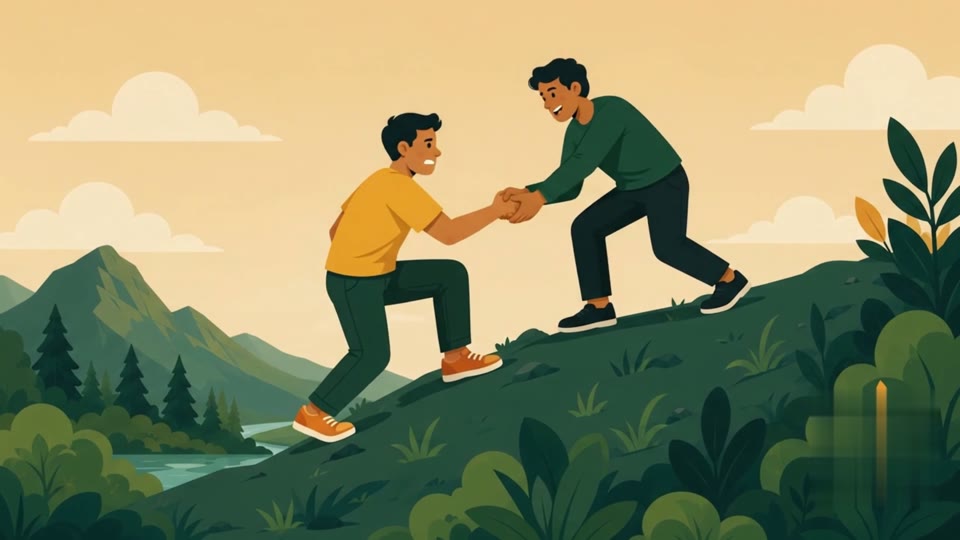 Illustration from the BeWell'r film: one person helping another up a hillside