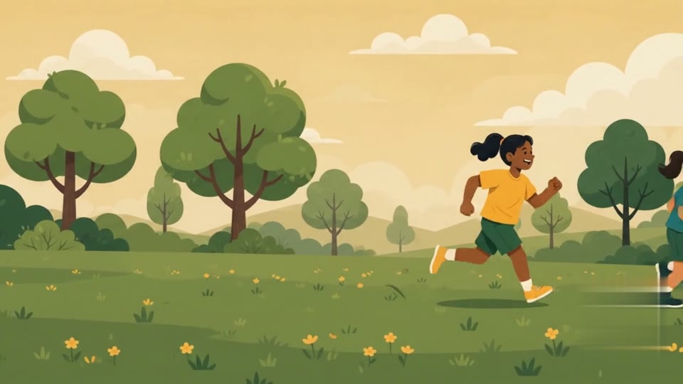 Illustration from the BeWell'r film: a girl running through a park