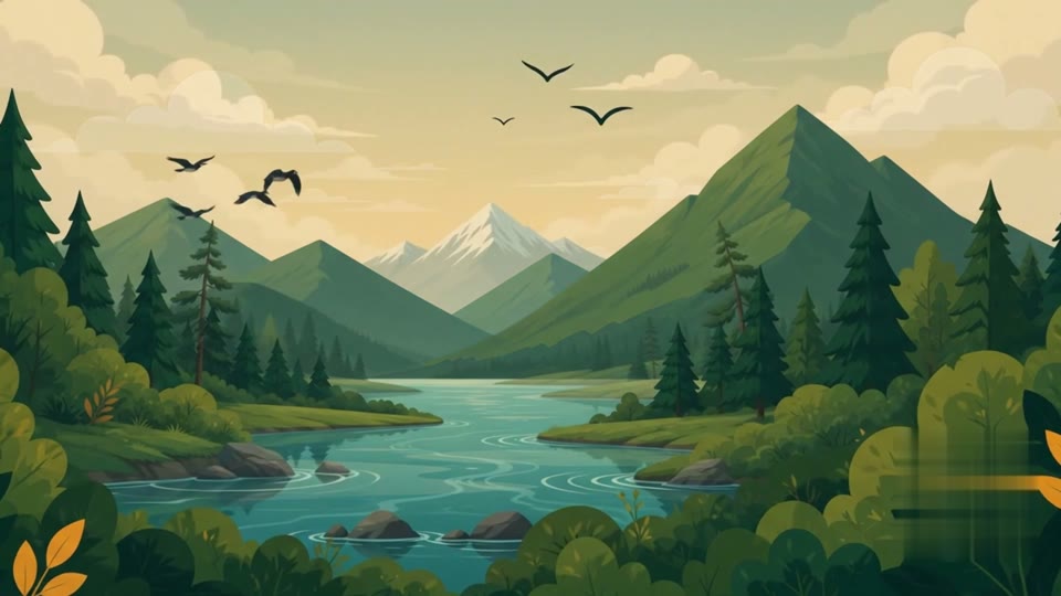 A river valley with mountains and birds in flight, from the BeWell'r film